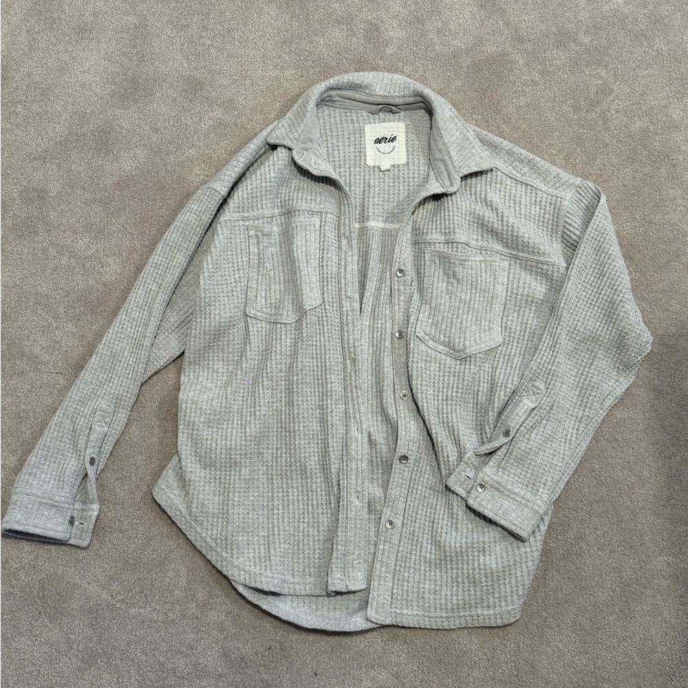 aerie Gray Waffle Knit Snap-Front Shirt